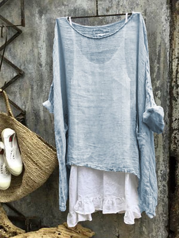 zolucky Women Thin Summer Linen 3/4 Sleeve Round Neck Top