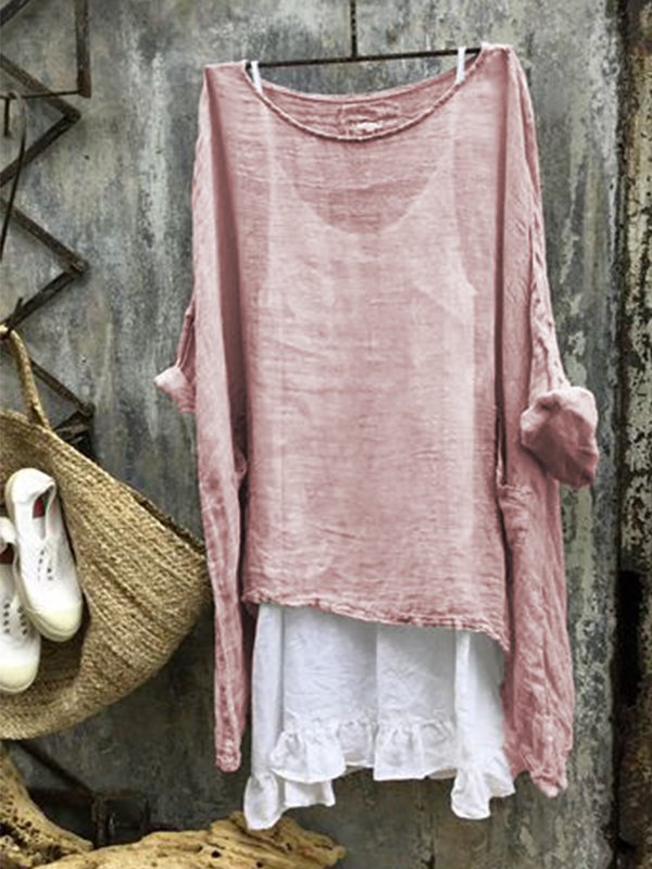 zolucky Women Thin Summer Linen 3/4 Sleeve Round Neck Top
