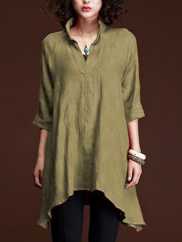 Women Casual 3/4 Sleeve V Neck Solid Top