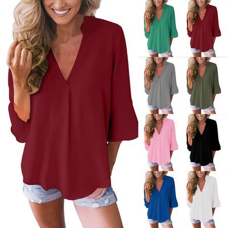 Women Casual Solid  3/4 Sleeve V-neck Top