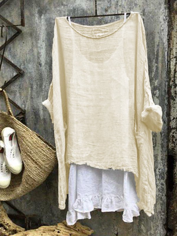 zolucky Women Thin Summer Linen 3/4 Sleeve Round Neck Top