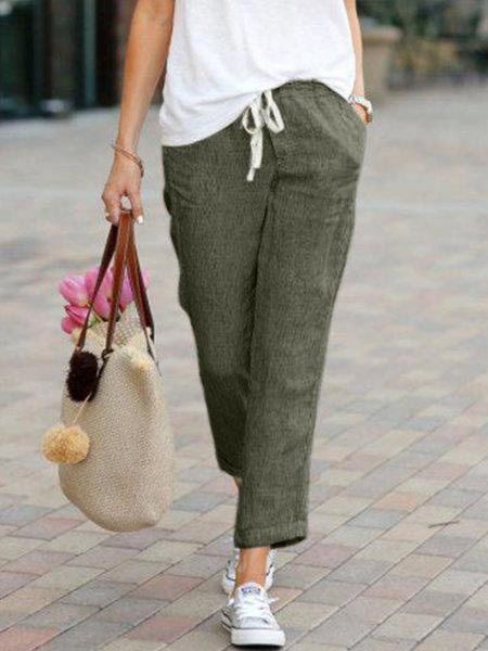 Solid Drawstring Casual Linen Pants