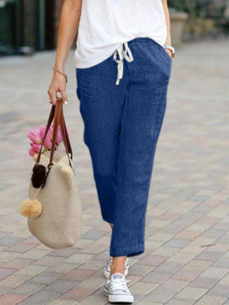 Solid Drawstring Casual Linen Pants