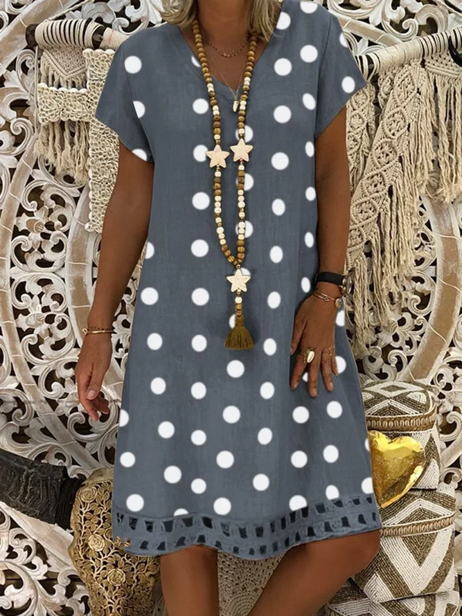 Women V-Neck Short Sleeve Hollow Polka Dot Summer Dress