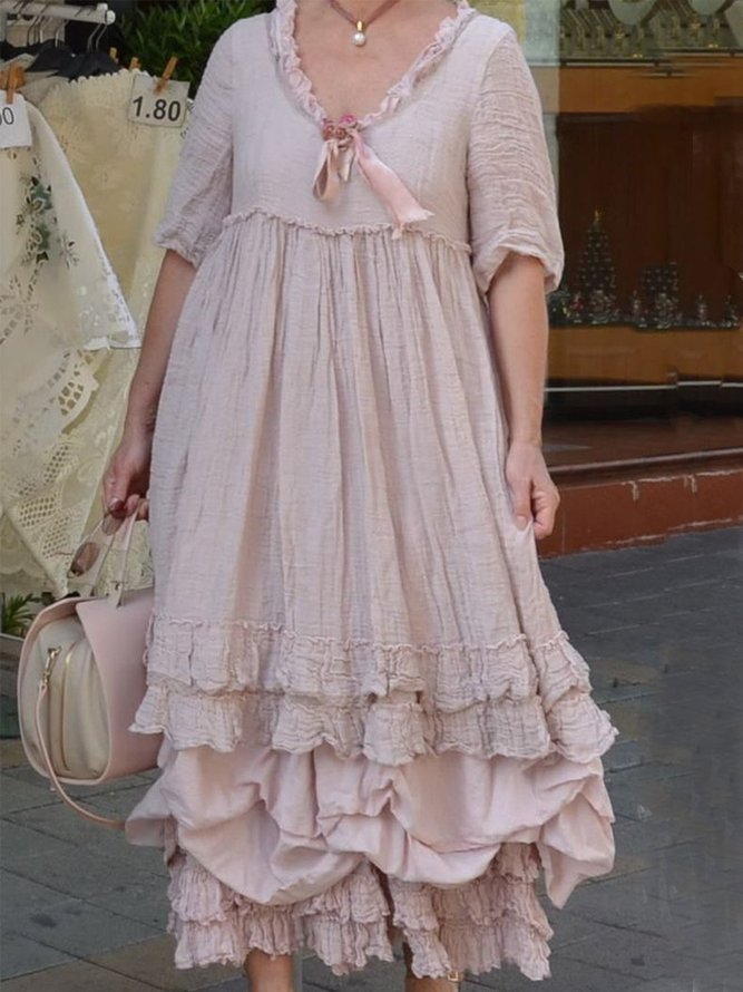 Pink V Neck Half Sleeve Weaving Dress