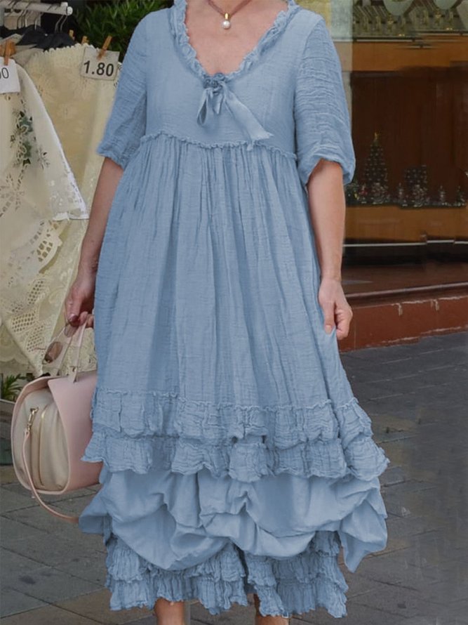 Pink V Neck Half Sleeve Weaving Dress