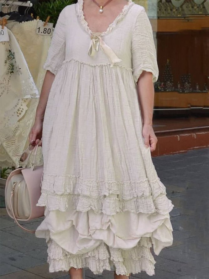 Pink V Neck Half Sleeve Weaving Dress