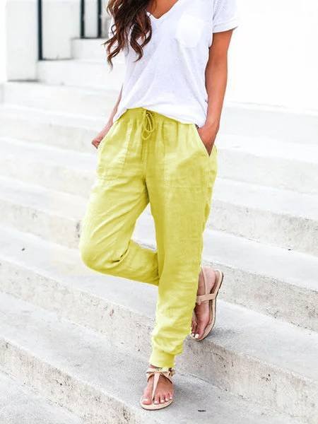 zolucky Solid Drawstring Casual Linen Pants Women Trousers