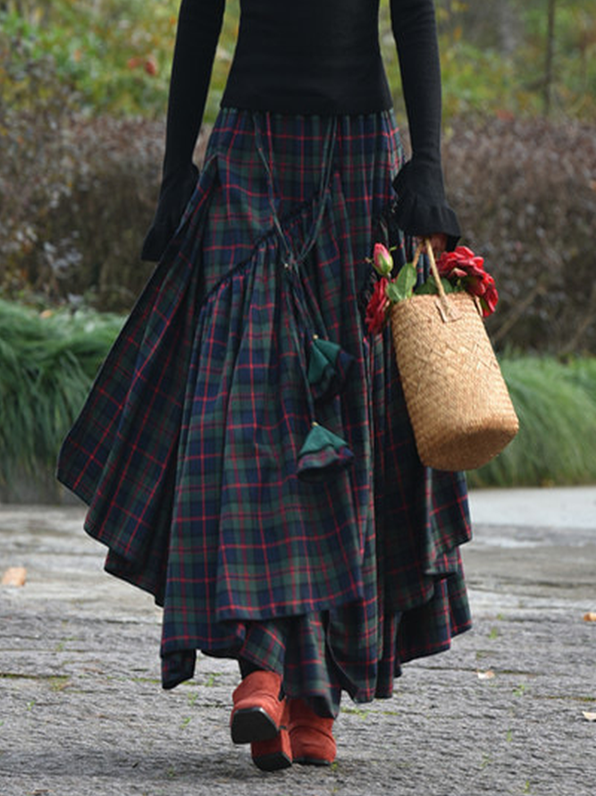 Cotton-Blend Casual Checkered/plaid Skirt