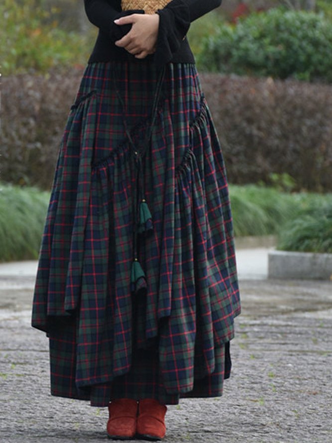 Cotton-Blend Casual Checkered/plaid Skirt
