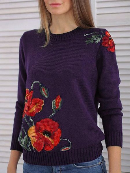 Crew Neck Floral Long Sleeve Knitwear & Sweaters