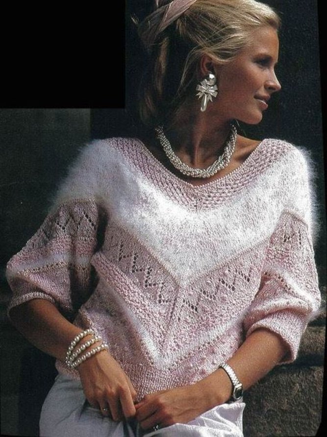 V Neck Plain Color-Block Casual Sweater