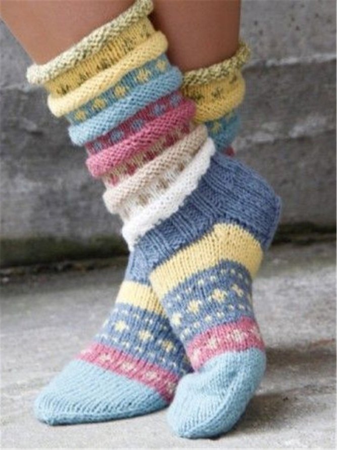 Zolucky Women Casual Color Block Vintage Striped Breathable Wool Knit Floor Socks