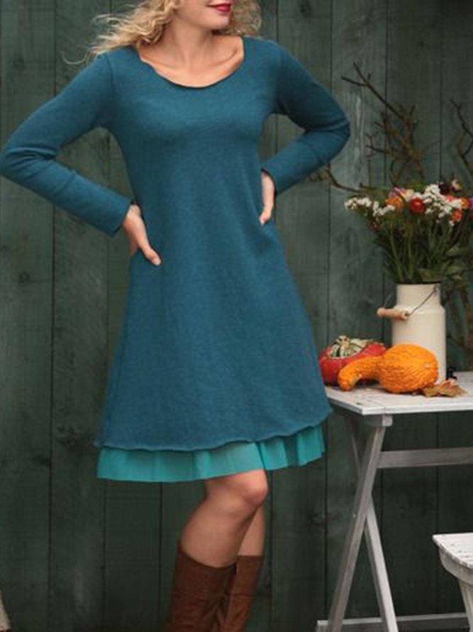 Solid Crew Neck Long Sleeve Knitting Dress