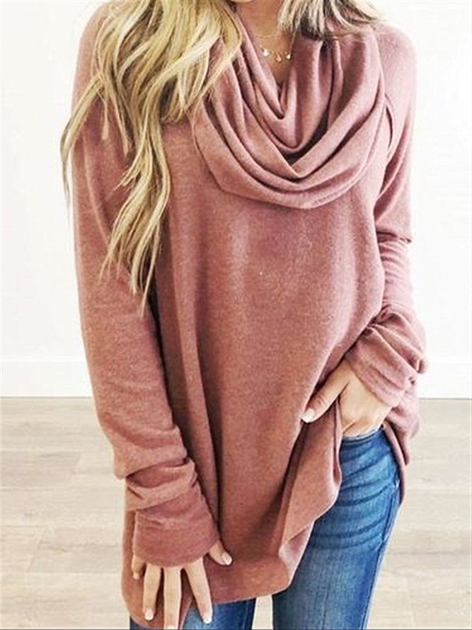 Casual Basic Daily Plus Size Cowl Neck Long Sleeve Cotton Top