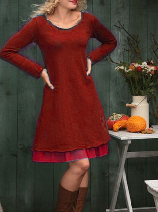 Solid Crew Neck Long Sleeve Knitting Dress