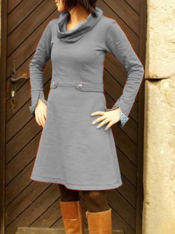 zolucky Long Sleeve Cotton-Blend Plain Knitting Dress