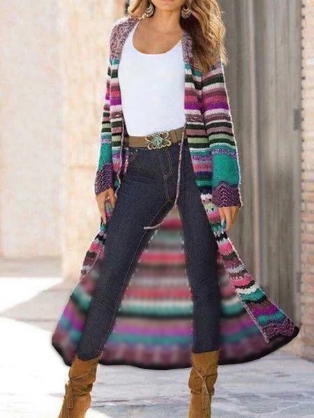 Women Multicolor Shift Knitted Long Sleeve Tribal Fleece Coat