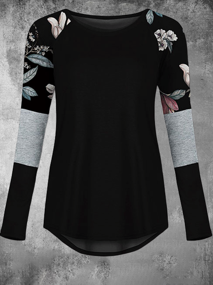 Floral-Print Long Sleeve Crew Neck Casual Top