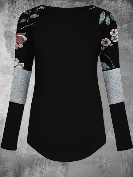 Floral-Print Long Sleeve Crew Neck Casual Top