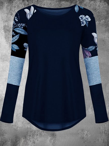 Floral-Print Long Sleeve Crew Neck Casual Top