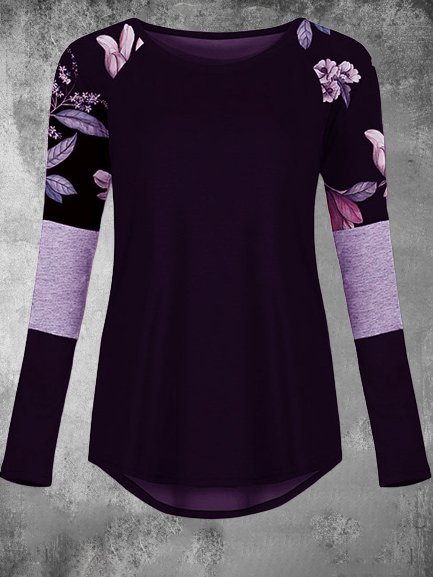 Floral-Print Long Sleeve Crew Neck Casual Top