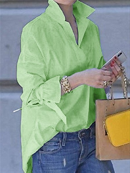zolucky Women Basic Long Solid Color Blouse & Shirt