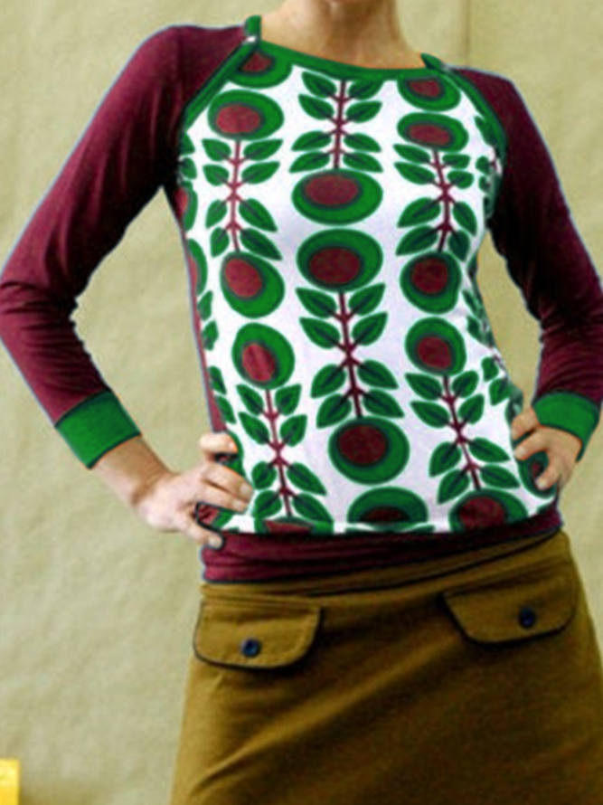 zolucky Casual Long Sleeve Floral-Print Crew Neck T-shirt