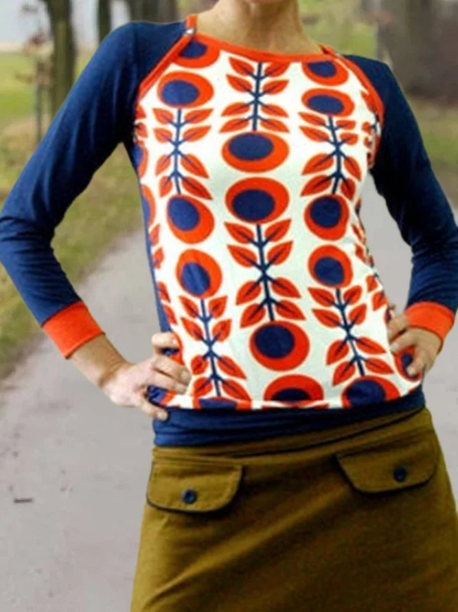 zolucky Casual Long Sleeve Floral-Print Crew Neck T-shirt
