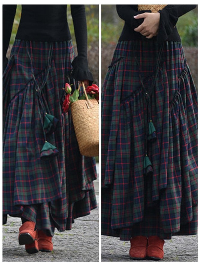 Cotton-Blend Casual Checkered/plaid Skirt