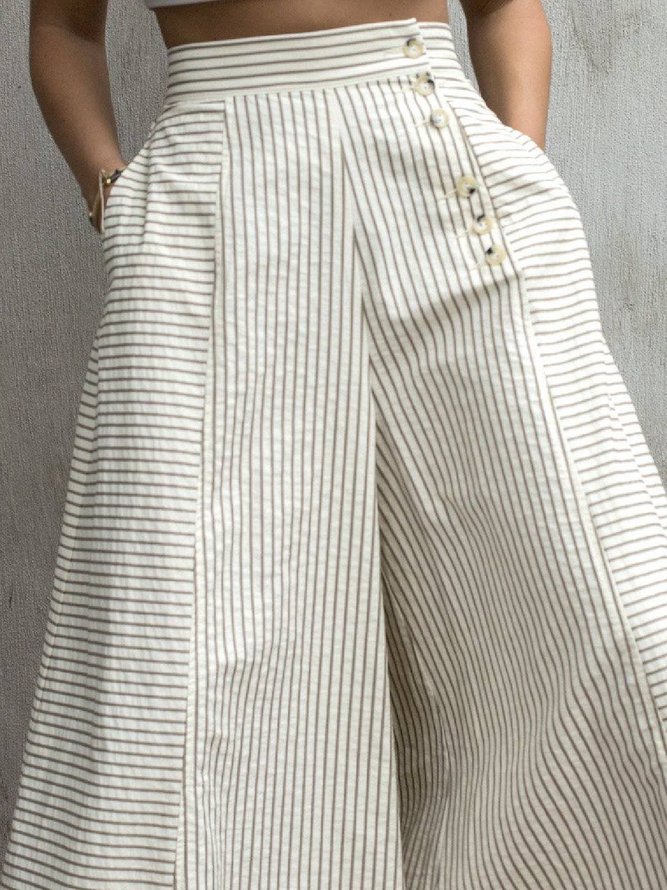 Women White Linen Vintage Striped Pants | zolucky