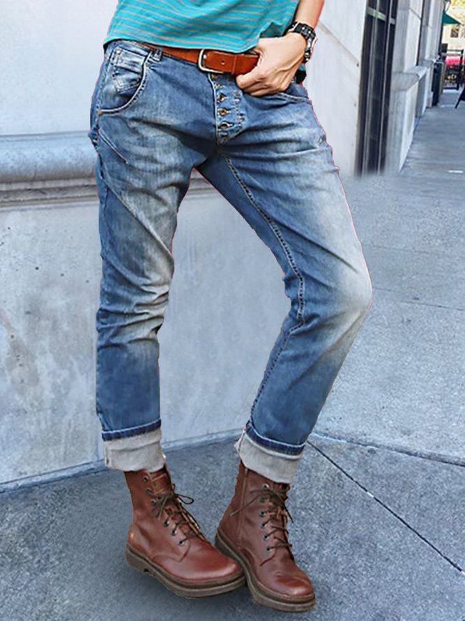 zolucky Button Down Pockets Denim Pants Jeans