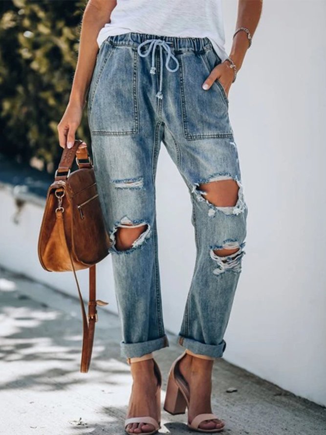 Blue Casual Drawstring Jeans