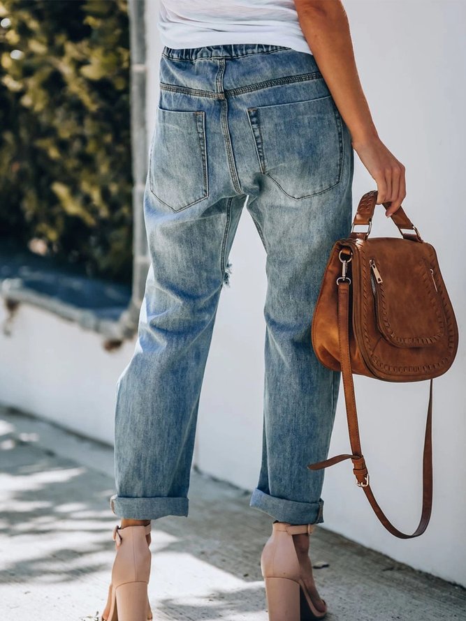 Blue Casual Drawstring Jeans