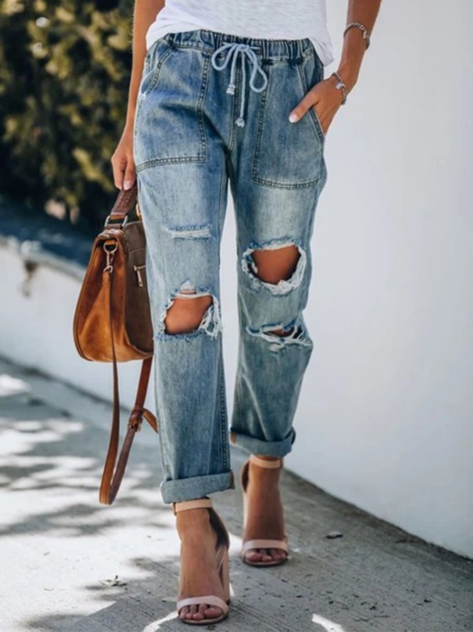 Blue Casual Drawstring Jeans