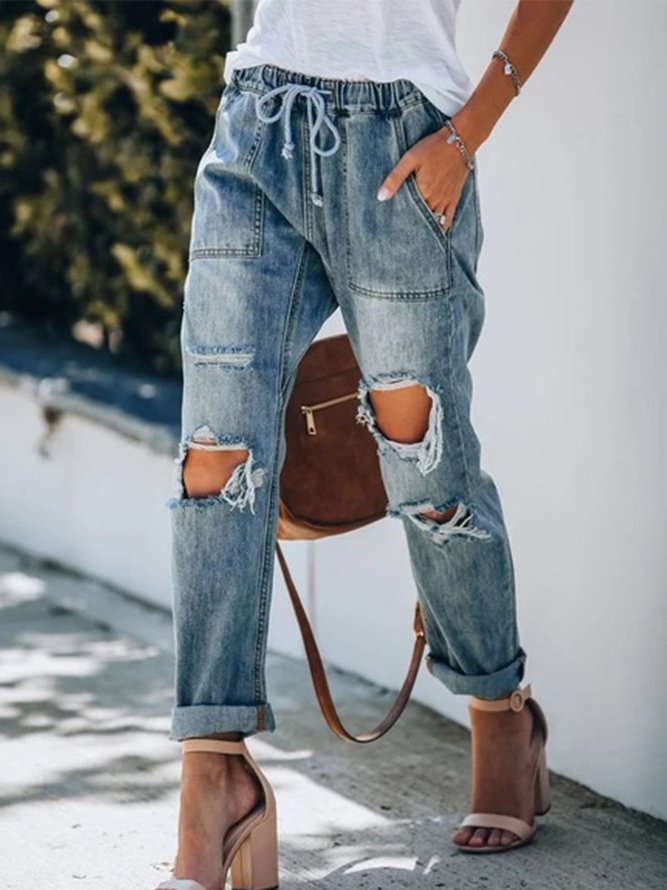 Blue Casual Drawstring Jeans