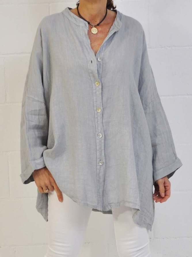 Gray Blue Buttoned Solid Long Sleeve Blouse