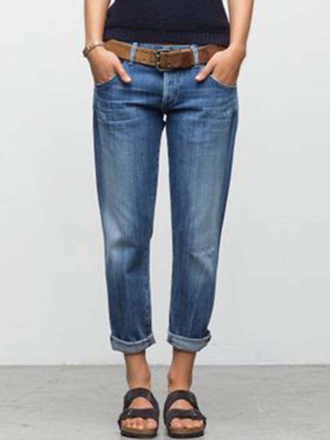 Blue Denim Washed Casual Patchwork Jeans
