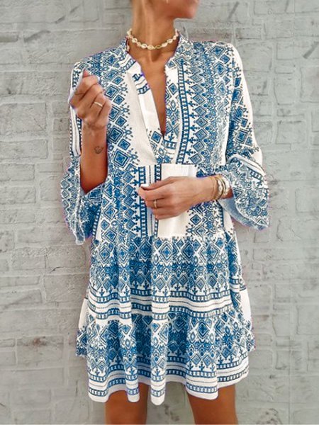 Cotton-blend Printed Long Sleeve Casual Daily Weaving Dress