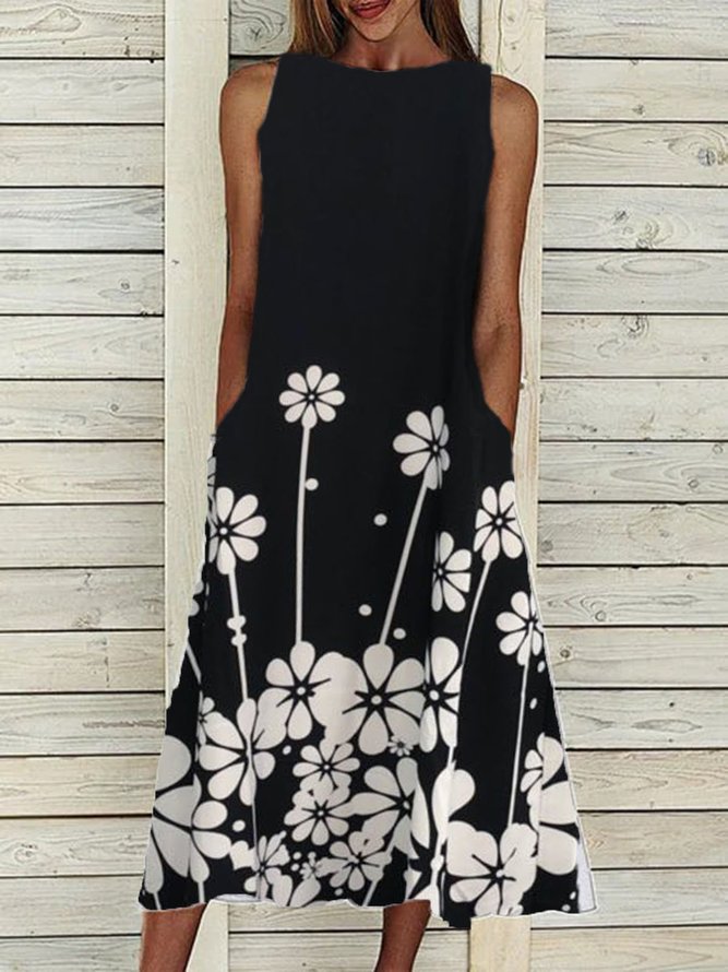 Black Sleeveless Crew Neck CottonBlend Weaving Dress zolucky