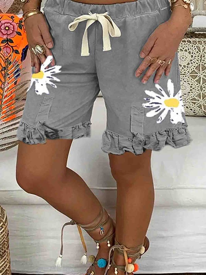 Gray Cotton Floral Casual Floral-Print Shorts