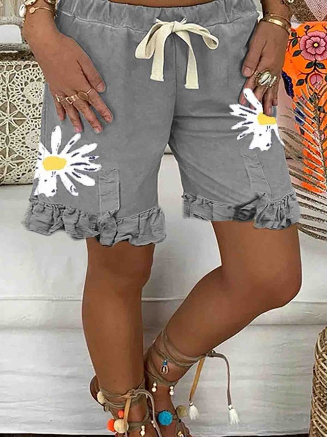Gray Cotton Floral Casual Floral-Print Shorts