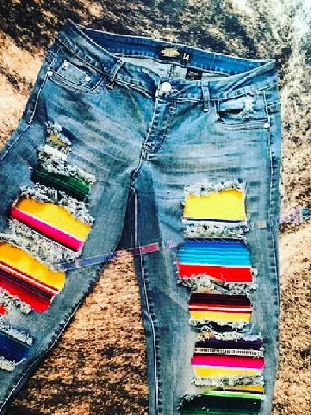 Blue Boho Stripes Ripped Jeans