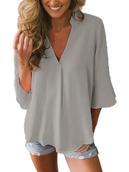 Women Casual Solid  3/4 Sleeve V-neck Top