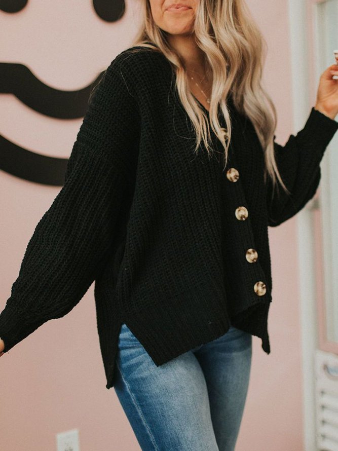 Black Shift V Neck Long Sleeve Buttoned Cardigan Sweater