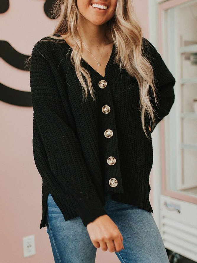 Black Shift V Neck Long Sleeve Buttoned Cardigan Sweater