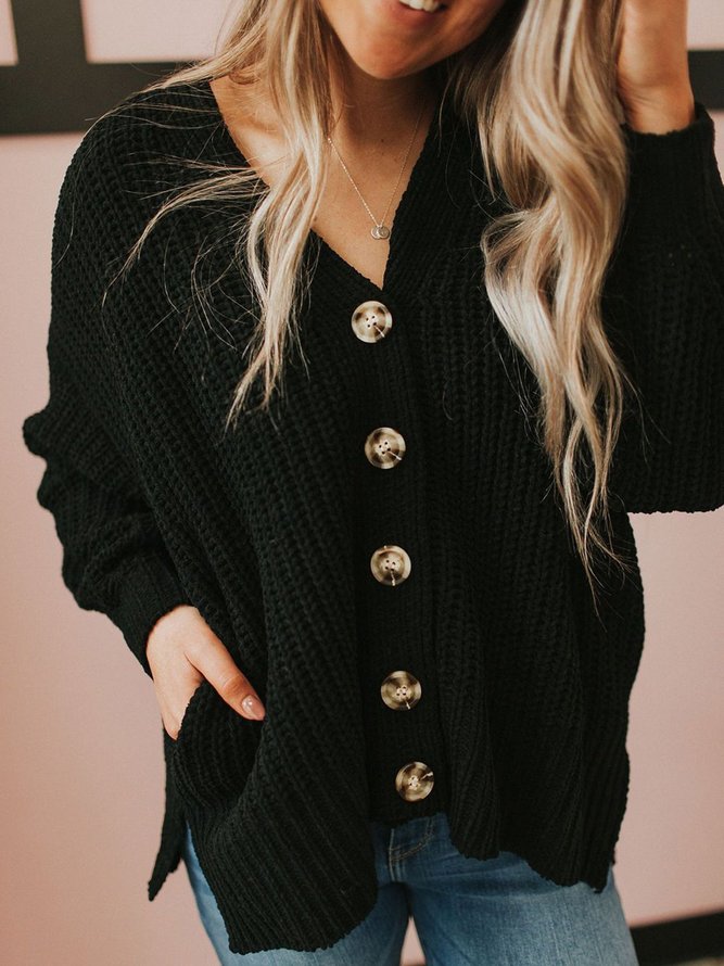 Black Shift V Neck Long Sleeve Buttoned Cardigan Sweater