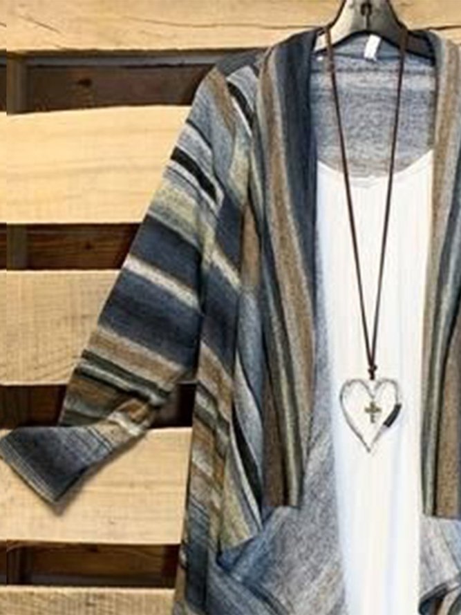 Multicolor Long Sleeve Striped Cotton-Blend Cardigan