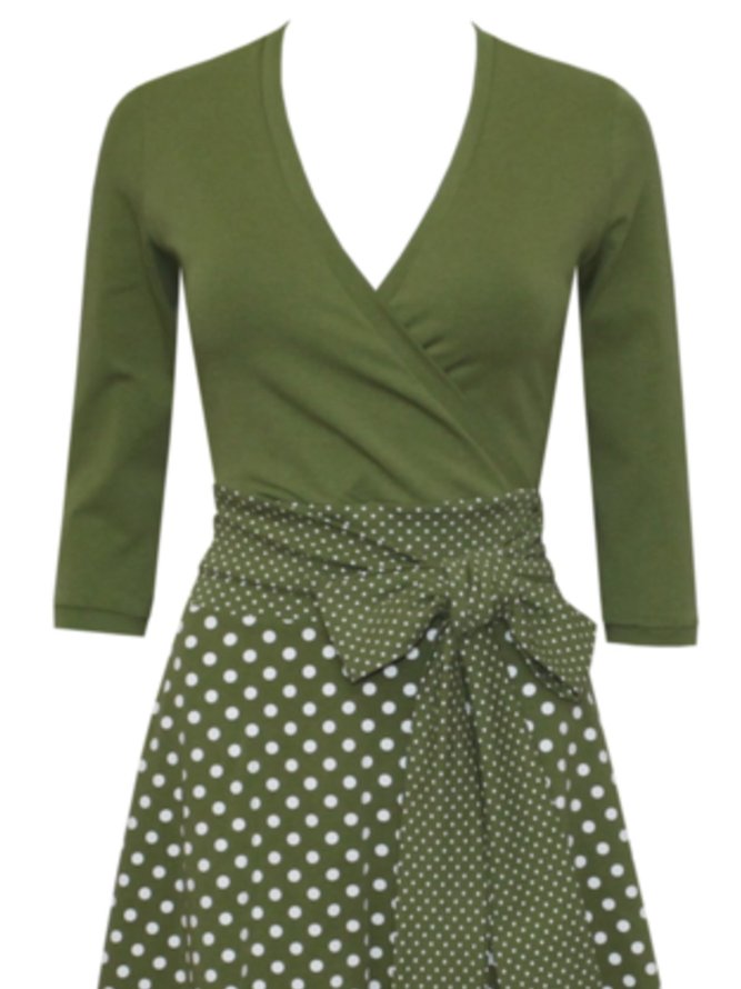 V Neck Polka Dots 3/4 Sleeve Casual Knitting Dress
