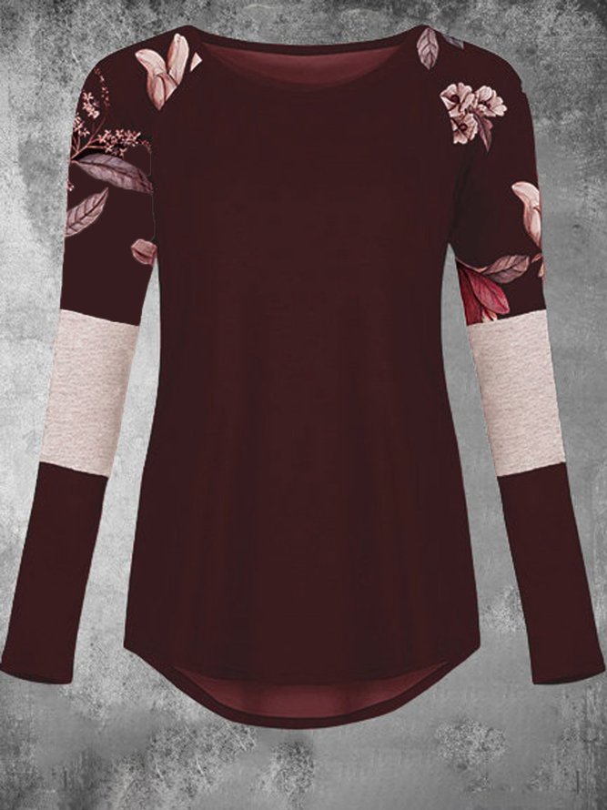 Floral-Print Long Sleeve Crew Neck Casual Top